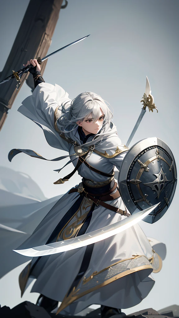 (Gray Hair,):1.2, Combat Stance, ,Cape,(Holding a sword:1.4),(Hold a shield:1.35), Dynamic Angle, Dynamic posture, Female Swordsman, Pure white background