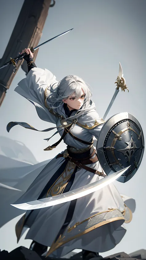 (Gray Hair,):1.2, Combat Stance, ,Cape,(Holding a sword:1.4),(Hold a shield:1.35), Dynamic Angle, Dynamic posture, Female Swords...