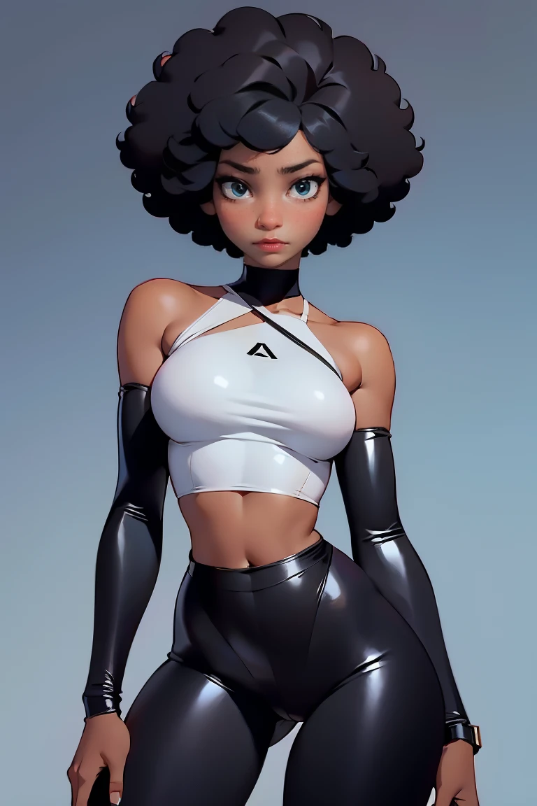 afro american girl, black skin, afro haircut, 1 girl, solo, (black leggins) (strap top), sleveless, medium perky , wide hips