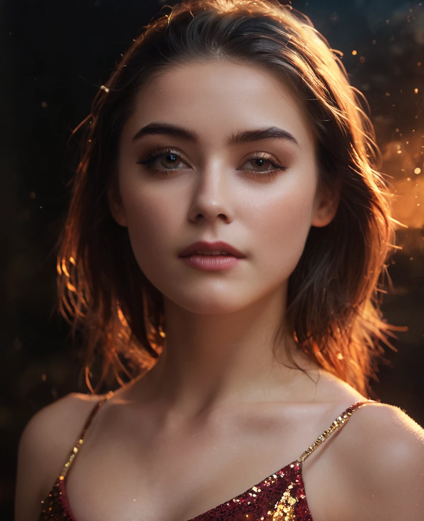 A movie film still of super very close-up portrait of a beautiful 18 year old woman with a mesmerizing and intense gaze, her face illuminated by warm, glowing light. She has glittering gold dust on her face, gold reflection in her eyes, and her lips are a deep, glossy red with shiny sparkles. The background is dark, with sparks and embers floating around her, creating a mystical and fiery atmosphere. Her expression is one of awe and wonder, with eyes reflecting the glowing light. Her hair is slightly messy, adding to the dramatic and ethereal feel of the scene. soaked film, 4k , 8k ,UHD, slightly sweaty skin, arms up, sleeveless, armpit, collarbone, photorealistic,