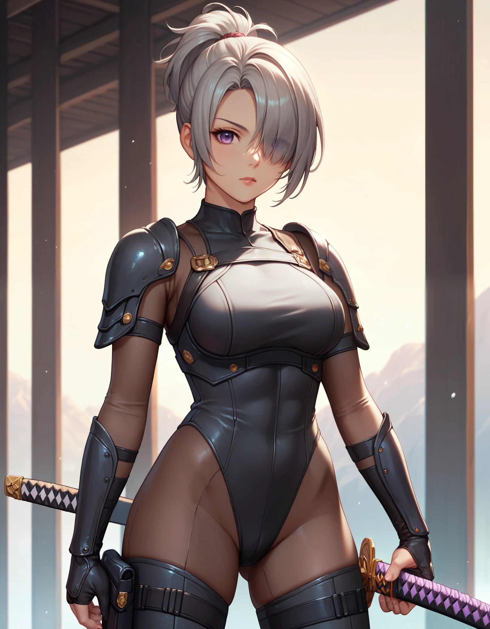 masterpiece, highly detailed, best quality, high quality, 1girl, (solo, solo focus), purple eyes, beautiful detailed eyes, beautiful detailed face, perfect hands, complete fingers, perfect anatomy, perfect proportions, (short hair, bob hair, ponytail hair, grey hair), (hair over one eye:1.3), ((holding weapon, two katana swords)), detailed shadows, detailed light, (black skintight bodysuit, (black leotard), shoulder holster), (full black pantyhose, skintight black leggings), matching boots, full body, serious, cowboy shot, snowy alleyway backdrop. full body costume design.