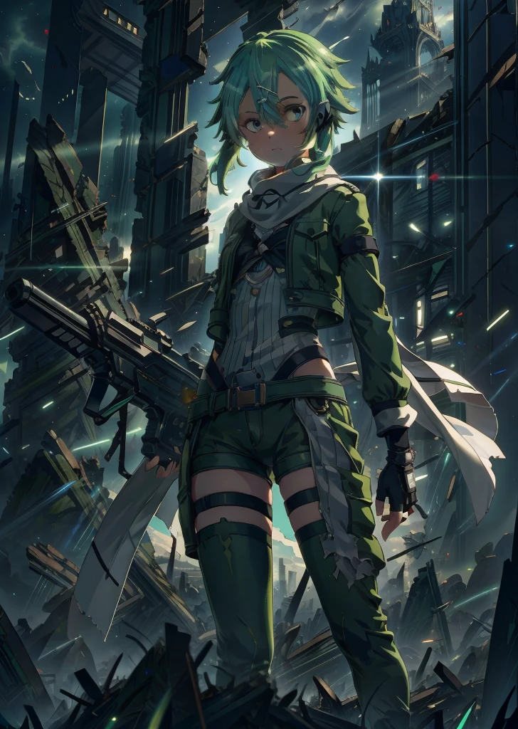 (masterpiece), best quality, expressive eyes, perfect face, highres, sinon1, scarf, fingerless gloves, long sleeves, short shorts, hair ornament, hairclip, green thighhighs, green jacket, thigh strap, hands on hip, field, ruins background, ruined structures, standing,upper body portrait, looking at the viewer