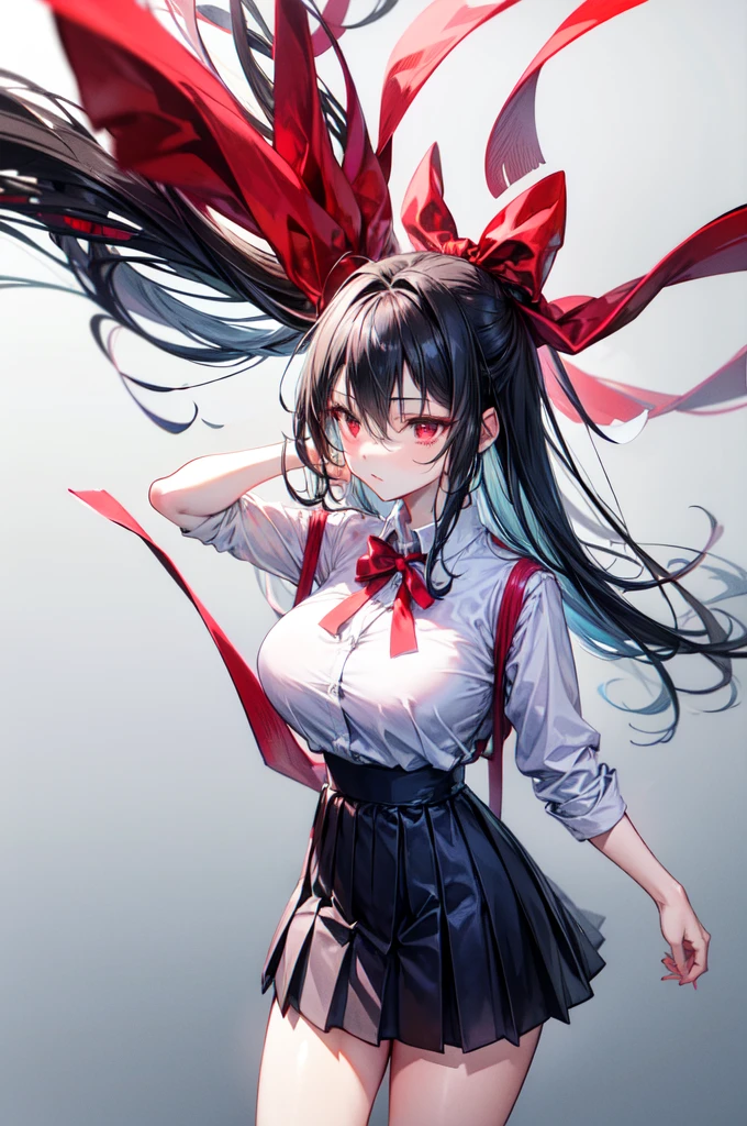 8K, underdetailed, masterpiece, high quality, highres, best quality, highres, 1girl, disheveled hair, illustration, focus on face, simple background, long hair, socks, black hair, hair between eyes, calm, long bangs, wolfcut, ribbons in hair, crimson red eyes, large breasts, very long hair, breasts, perfect face, perfect legs, pleated skirt, full lips, add_detail:-3