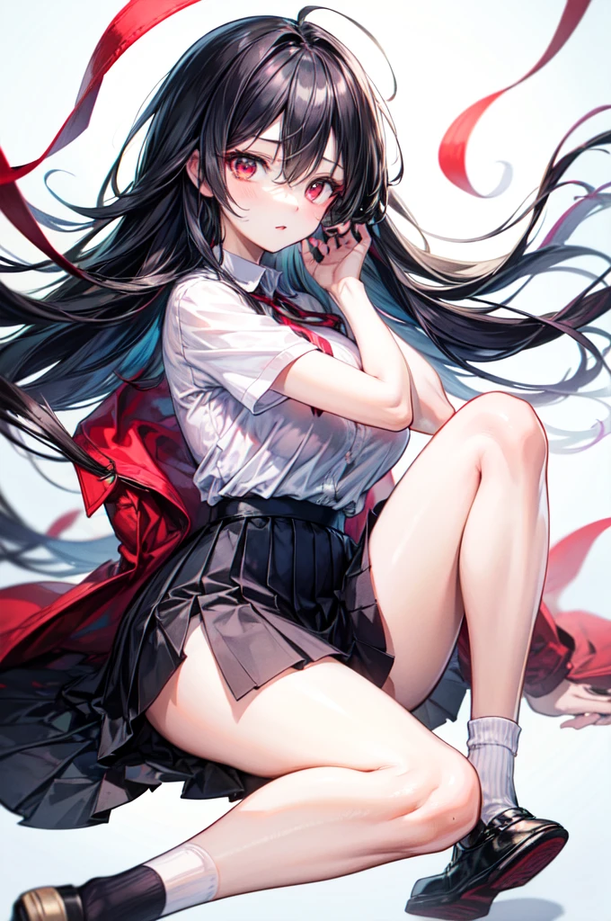8K, underdetailed, masterpiece, high quality, highres, best quality, highres, 1girl, disheveled hair, illustration, focus on face, simple background, long hair, socks, black hair, hair between eyes, calm, long bangs, wolfcut, ribbons in hair, crimson red eyes, large breasts, very long hair, breasts, perfect face, perfect legs, pleated skirt, full lips, add_detail:-3