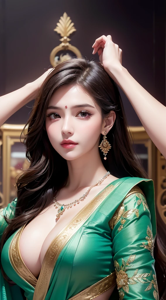 1girl, cute face,pretty face, jaw dropping beauty, beautiful sari, ((ultra high detailed 1.9)),((ultra high resolution 1.9)),((ultra high quality 1.9)),(masterpiece)), (perfect lightings), (very Big breasts 1.9)), ultra huge breast, 