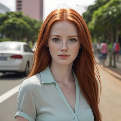 super cute redhead woman in hyperrealistic brasilia

