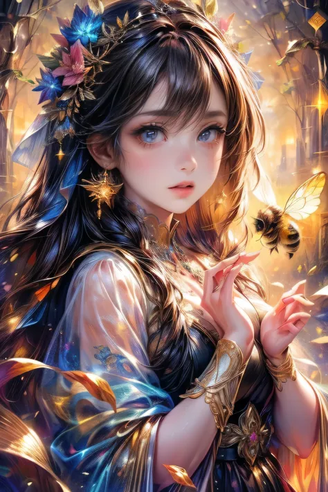 beautiful young girl(chibi:1.3), queen bee spirit, garden, surrounded by worker bees, (highest quality,16k,highres,masterpiece:1...