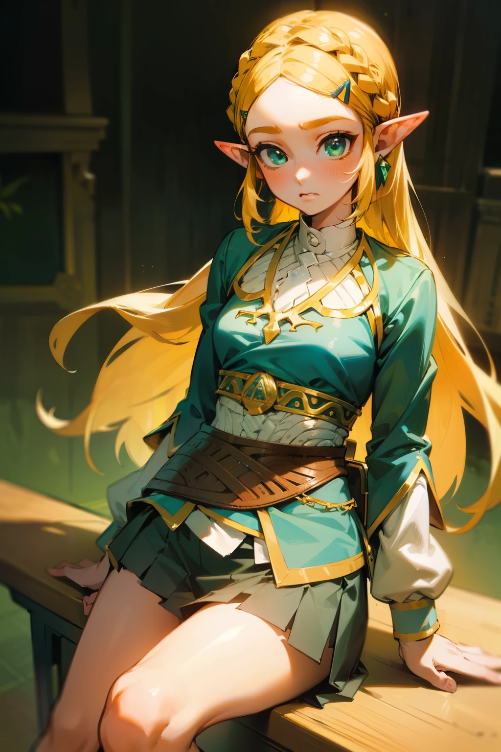 (chef-d&#39;œuvre, Haute qualité) 1 fille, princesse zelda, aazelda, cheveux longs, tresse de couronne, pince à cheveux, oreilles pointues, blond, assis sur un bureau d&#39;école, jupe plissée, blouse blanche, Cravate verte, chaussettes hautes, en colère, yeux détaillés, peau détaillée