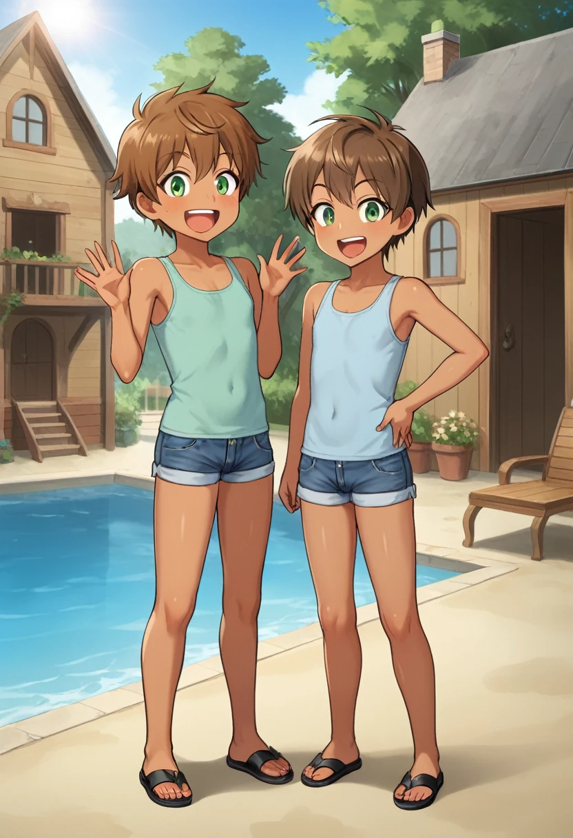sassy, ​​childish, skinny, tanned, sissy, young boy, brown hair, green eyes, small ass, blue tank top, tight denim shorts, black flip flops, excited, surprised gaze, naughty pose, in front of a rustic house, ecchi anime, TER style, masterpiece, cinematic, dramatic, dynamic view, full body,
