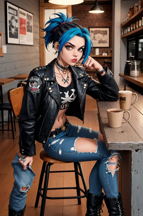 "full body shot of a punk rock girl with blue hair, styled in a bold and edgy fashion. she’s in a trendy coffee shop, casually s...