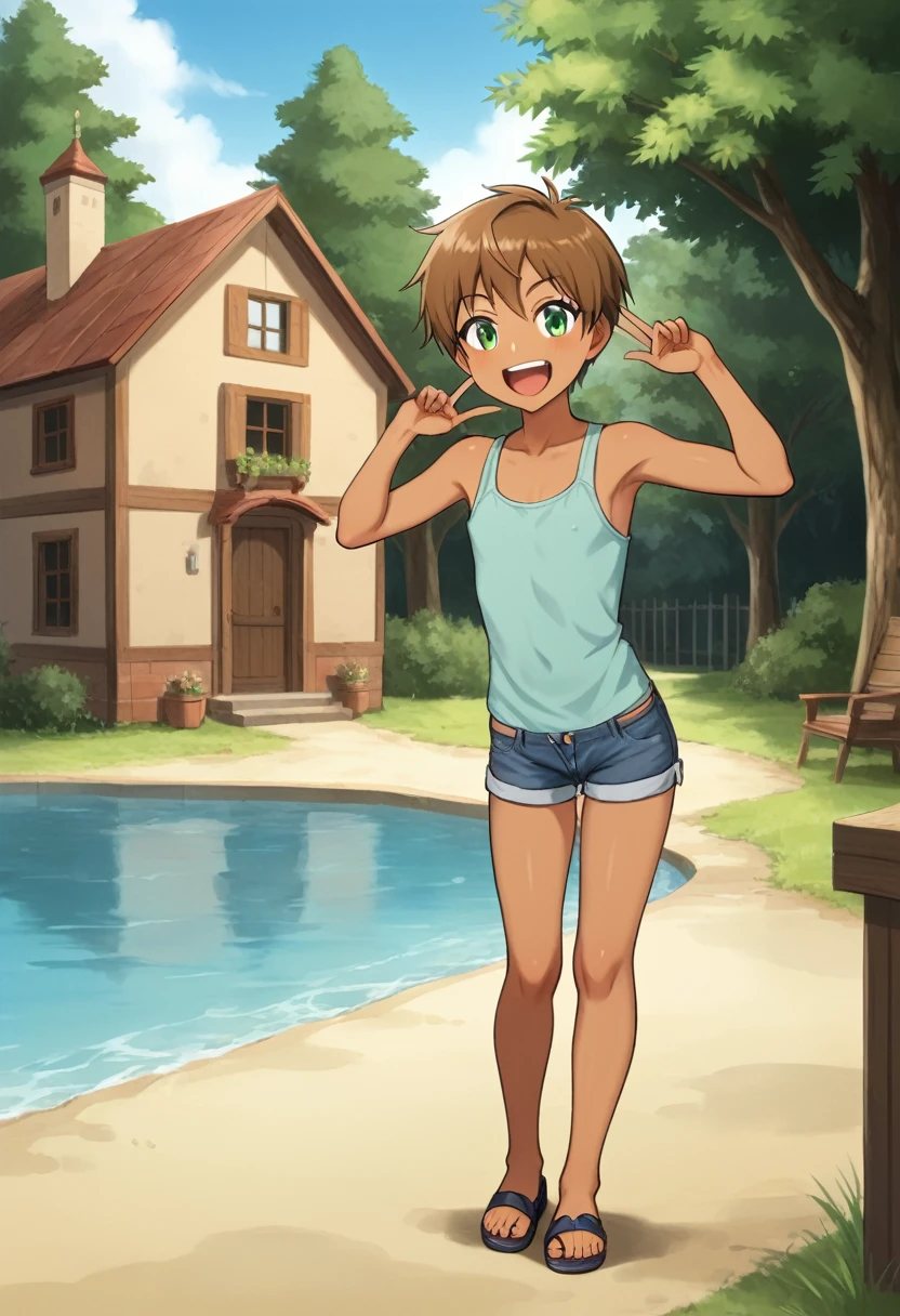 sassy, ​​childish, skinny, tanned, sissy, young boy, brown hair, green eyes, small ass, blue tank top, tight denim shorts, black flip flops, excited smile, naughty sexy pose, in front of a rustic house, ecchi anime, TER style, masterpiece, cinematic, dramatic, dynamic back view, full body,