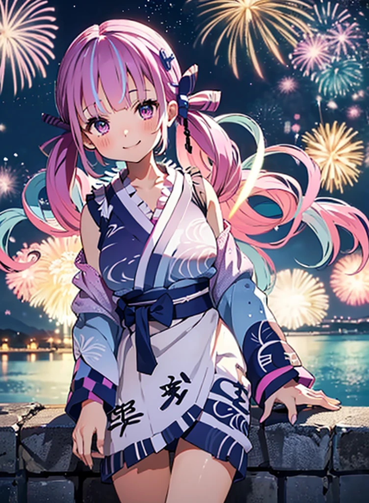 (masterpiece, Highest quality, Super detailed),One girl,(Pink Twintails、Blue ribbon:1.1),((super fine illustration)),((cute eyes,highly detailed skin)),((smile)),(well endowed,Blessed,Captivating body、Detailed Background)、(yukata:1.5),firework,(大量のfirework,Night view,Ocean)、Festivals