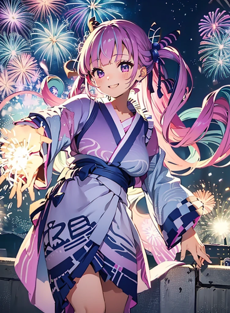 (masterpiece, Highest quality, Super detailed),One girl,(Pink Twintails、Blue ribbon:1.1),((super fine illustration)),((cute eyes,highly detailed skin)),((smile)),(well endowed,Blessed,Captivating body、Detailed Background)、(yukata:1.5),firework,(大量のfirework,Night view,Ocean)、Festivals