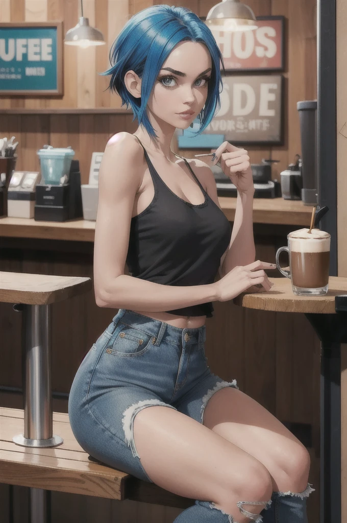 "Full body shot of a girl with blue hair, styled in a bold and edgy fashion. She’s in a trendy coffee shop, casually seated at a wooden table with a latte in front of her. The background features the cozy, eclectic decor of the coffee shop, with warm lighting and quirky decorations. Black tank top, ripped skinny jeans, and bare veiny feet with blue nail polish. Bare shoulders, veiny shoulders. Her expression is confident and cool, reflecting her unique style and personality."