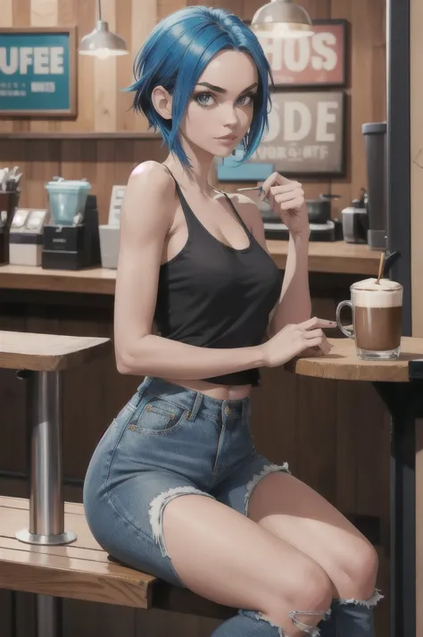 "full body shot of a girl with blue hair, styled in a bold and edgy fashion. she’s in a trendy coffee shop, casually seated at a...