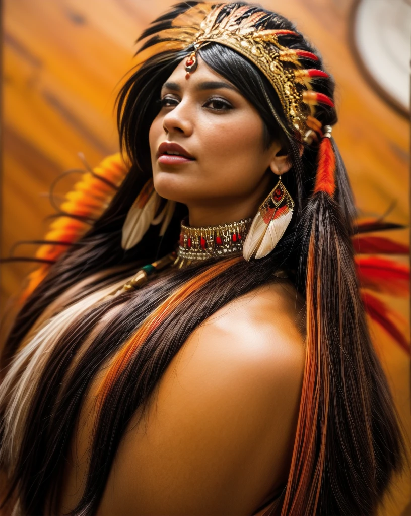 Belle femme indienne Cherokee avec de belles coiffes orange, rouge et beige.
