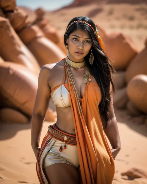 beautiful cherokee indian woman with beautiful orange headdresses, red and beige.