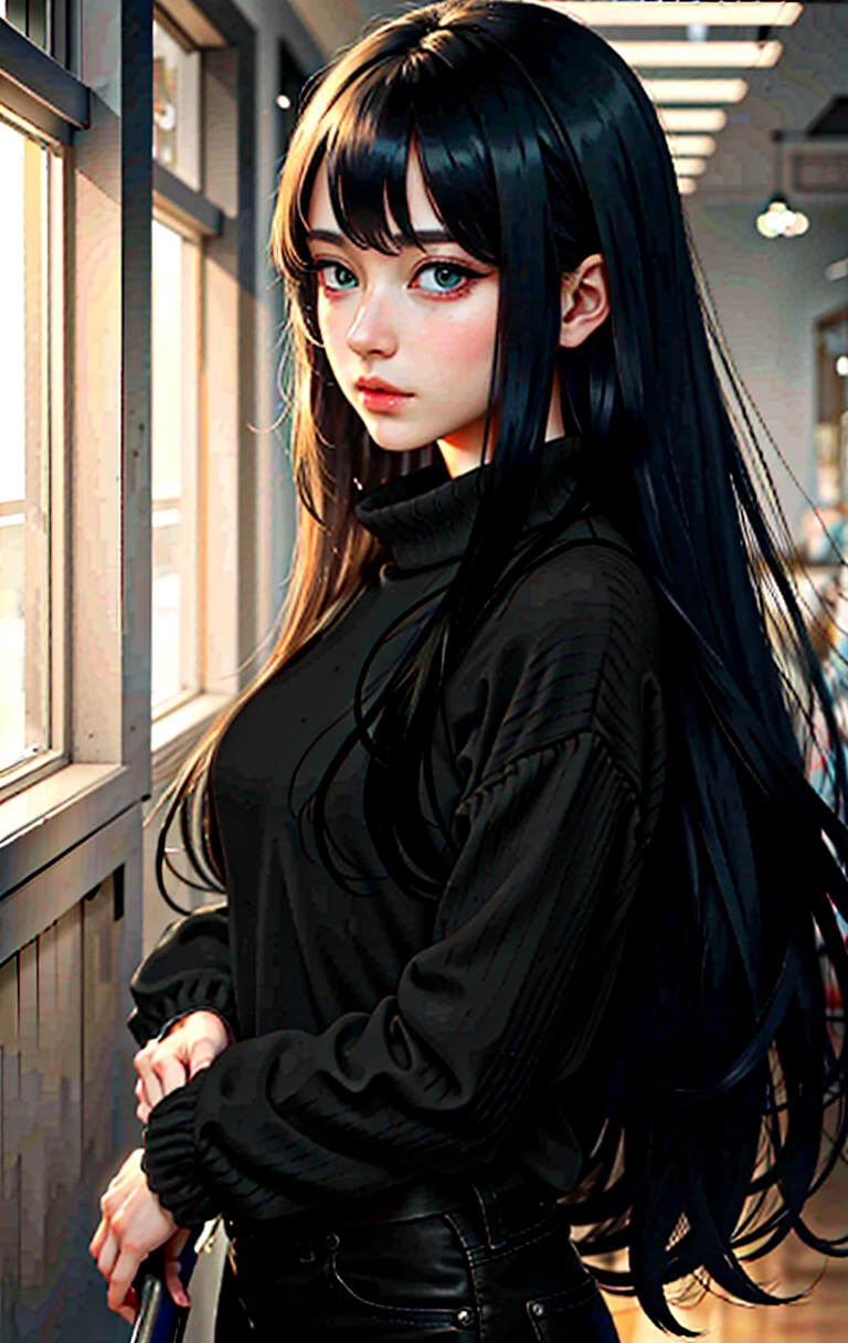 texturas de alta calidad, 4k, anime realista, ojos perfectos con delineador negro, ojos muy verdes, ojos hermosos, perfect silios.  manos con dedos perfectos, HERMOSAS MANOS, pelo muy negro, estilo anime realista.