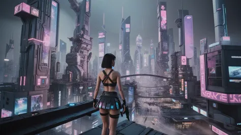 (((aerial view))) of a sprawling Cyberpunk cityscape, (((all-glass))) towering skyscrapers, a lot of neon lights and holographic...