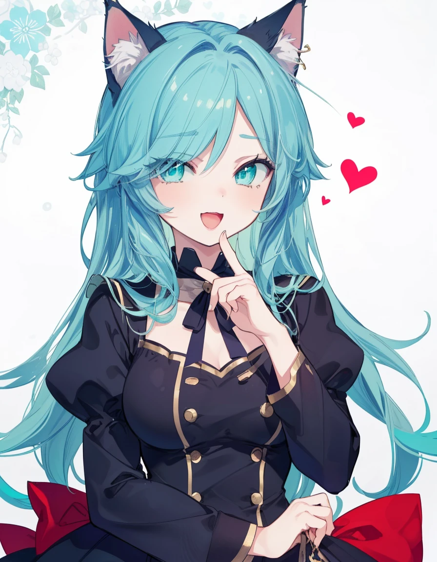 wink, open mouth, heart, ((masterpiece, best quality:1.5)), ((Beautiful detailed cat aqua eyes:1.2)), cat ears, pale skin, medium breasts, beautiful hands, beautiful fingers, EasyNegative