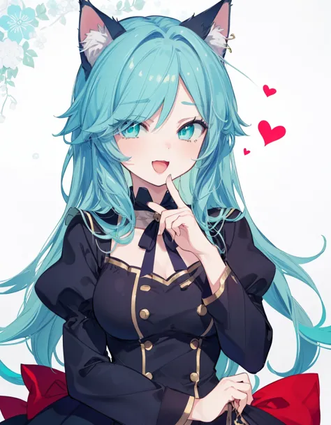 wink, open mouth, heart, ((masterpiece, best quality:1.5)), ((beautiful detailed cat aqua eyes:1.2)), cat ears, pale skin, mediu...