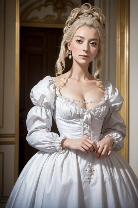 il y a une femme en robe blanche et une perruque blanche, magnifique femme de chambre, reine rococo, Marie-Antoinette, domestiqu...