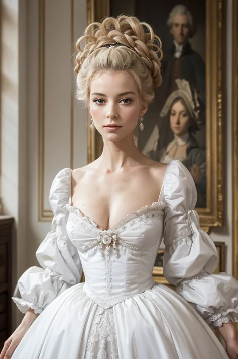 il y a une femme en robe blanche et une perruque blanche, magnifique femme de chambre, reine rococo, Marie-Antoinette, domestiqu...