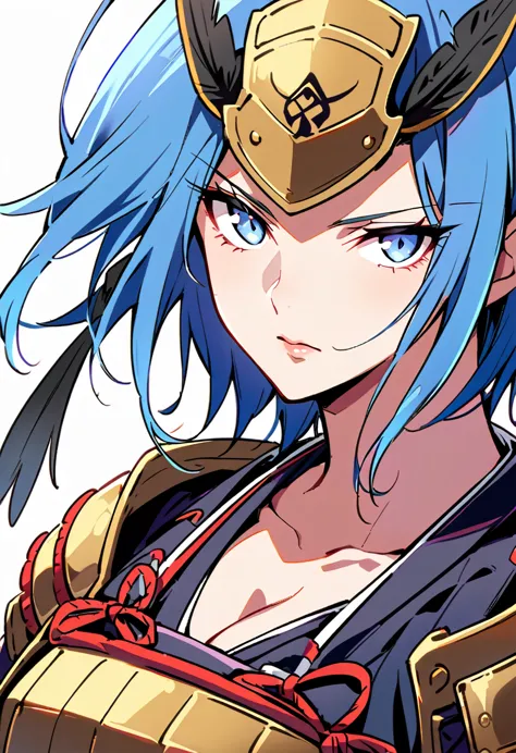 female samurai，has a samurai armor with black raven feathers on, blue hair and white eyes, big breasts can be seen, looks at the...