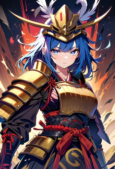 female samurai，has a samurai armor with black raven feathers on, blue hair and white eyes, big breasts can be seen, looks at the...