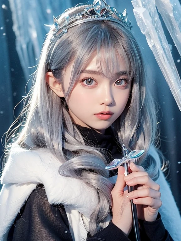 One Girl, Ice wand, White Cape, Ice crystals, winter, Frozen, Ice Castle, Transparency,  Ice tiara. Silver Hair
, Cowboy Shot