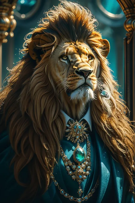 masterpiece, high quality, gangster character lion, long hair, in style of moonstones and aquamarines, j_gemstone