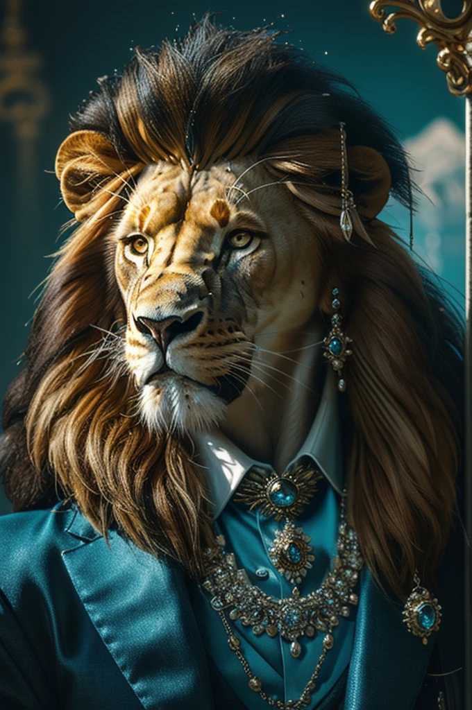 masterpiece, high quality, Gangster character lion, long hair, in style of moonstones and aquamarines, j_gemstone