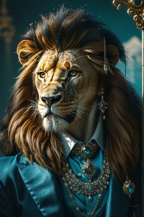 masterpiece, high quality, gangster character lion, long hair, in style of moonstones and aquamarines, j_gemstone