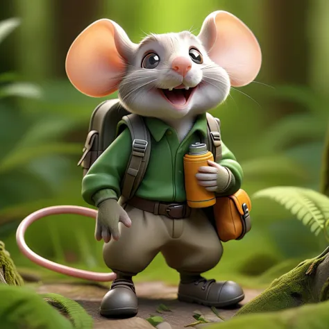 photorealistic highly detailed macro shot of a mouse wearing a tiny hiking backpack and boots, holding a roll of duct tape, beau...