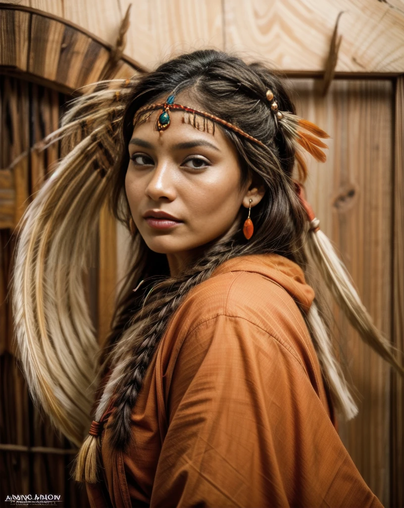 Beautiful Cherokee Indian woman with beautiful orange headdresses, red and beige.
