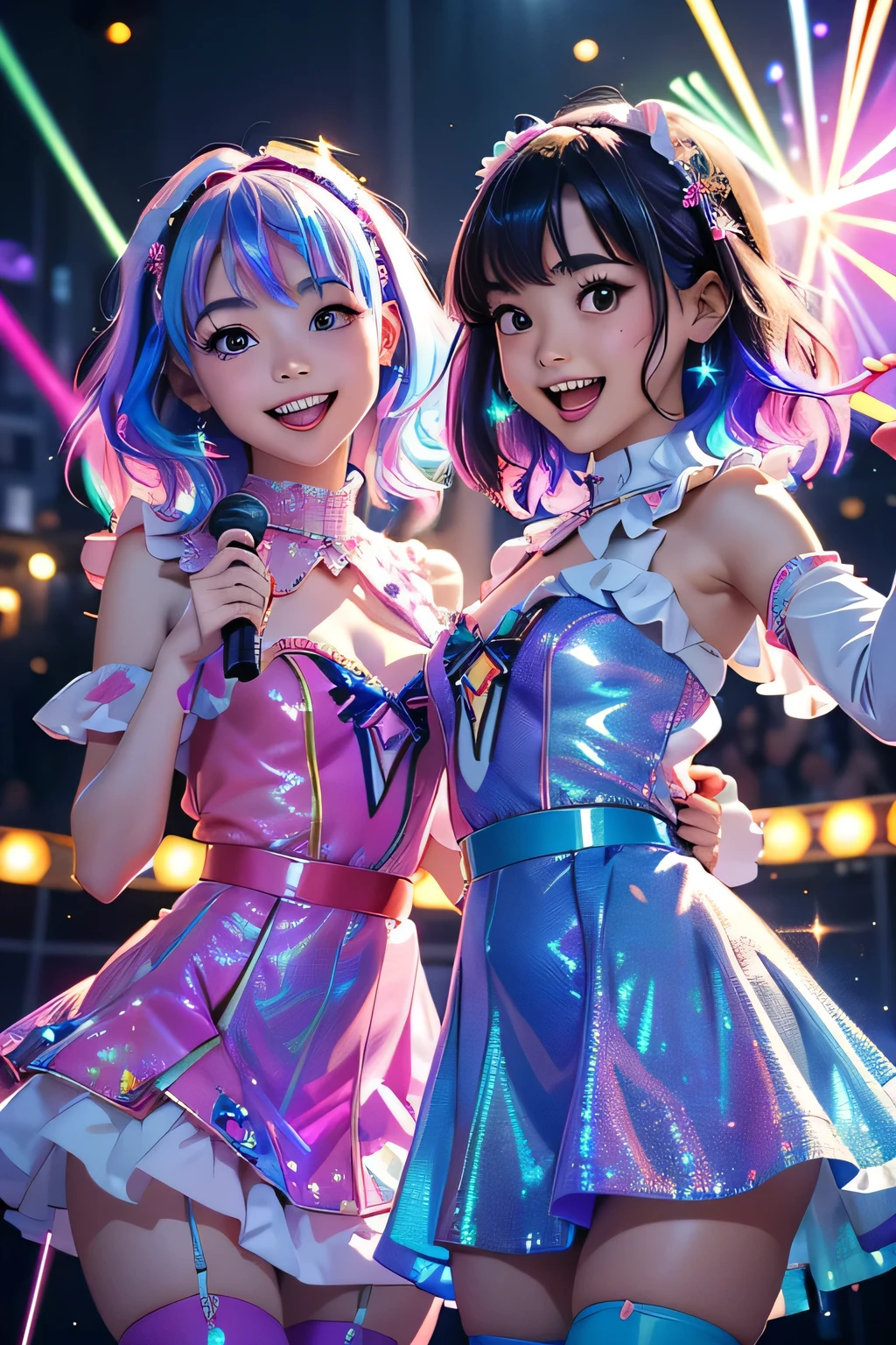 Highest quality、High resolution、Detailed Background、(Beautiful face in every detail:1.4)、Anatomically correct、(Detailed facial expressions)、Teenage beauty、(Highly detailed face:1.4)、Brightly colored hair、well-groomed eyebrows、colorful stockings、A big smile、Idol Style、stage、(Two idol girls wearing holographic laser dresses singing:1.5)、A big smile、smile、A fun atmosphere、
Bright colors and pop colors、Ruffles and laces、Sleeves and hems of clothing、Ruffles and laces are applied to the collar etc.、Motifs such as hearts、Dresses and skirts、Femininity and cuteness、Hair accessories and ribbons、cute