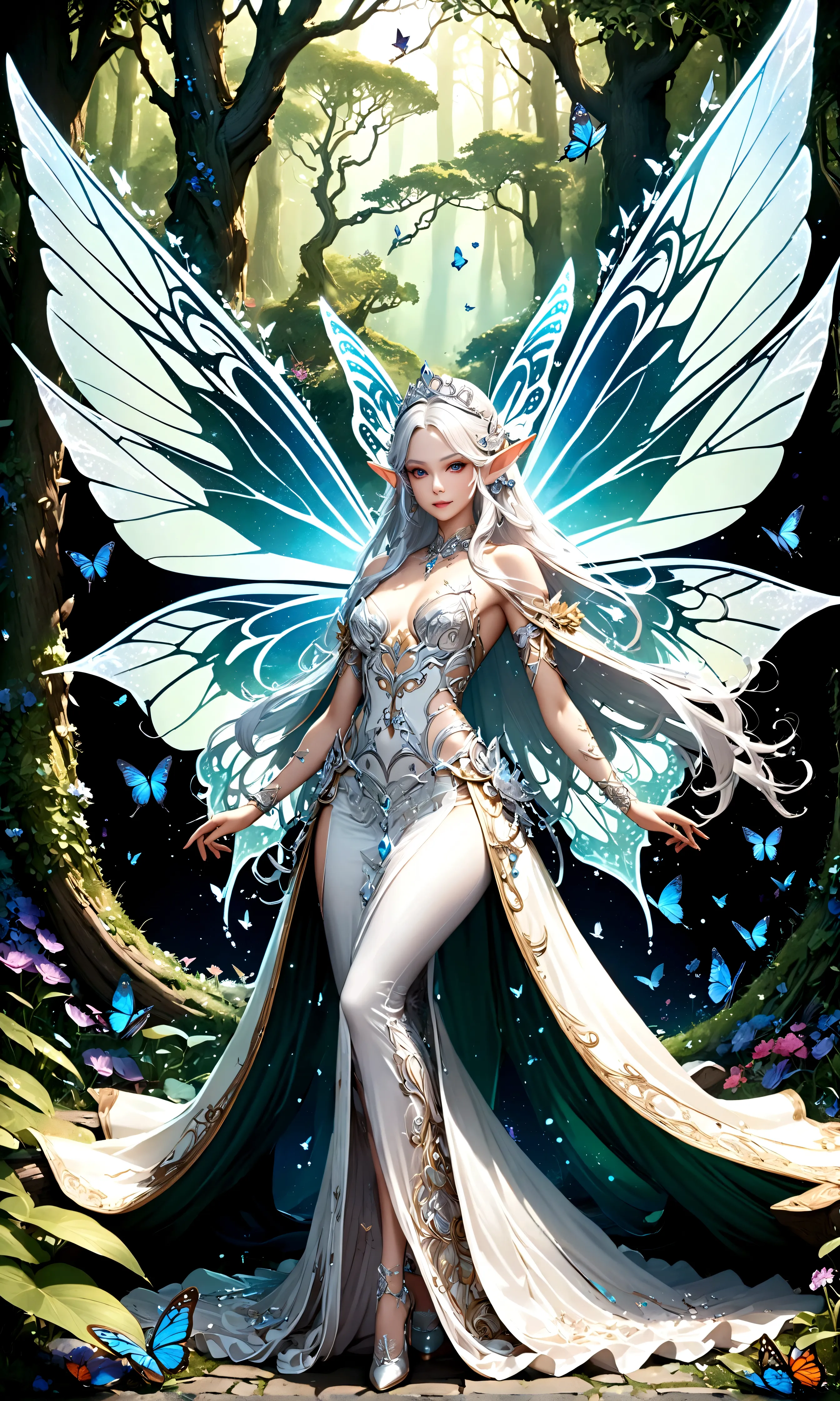 draw the queen of spirits,white skin type,perfect face,pointed ears,elf elements,Queen's tiara made of silver,noble and beautifu...
