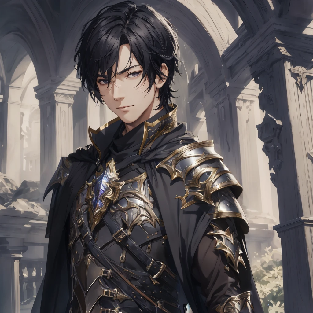 masterpiece, best quality, 1man, adult, male focus, solo, medium hair, black hair,, looking at viewer, cape, High quality metal texture, overcoat, closed mouth, upper body, bangs, high collar,(kbxll:0.6), Fantasy aesthetics, Highly detailed, shadowverse style, armored gloves, metallic gloves, black armor