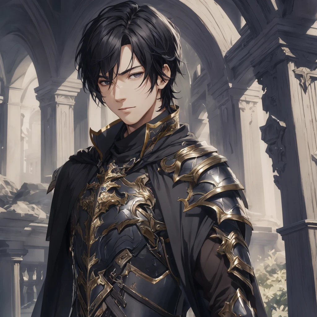 masterpiece, best quality, 1man, adult, male focus, solo, medium hair, black hair,, looking at viewer, cape, High quality metal texture, overcoat, closed mouth, upper body, bangs, high collar,(kbxll:0.6), Fantasy aesthetics, Highly detailed, shadowverse style, armored gloves, metallic gloves, black armor