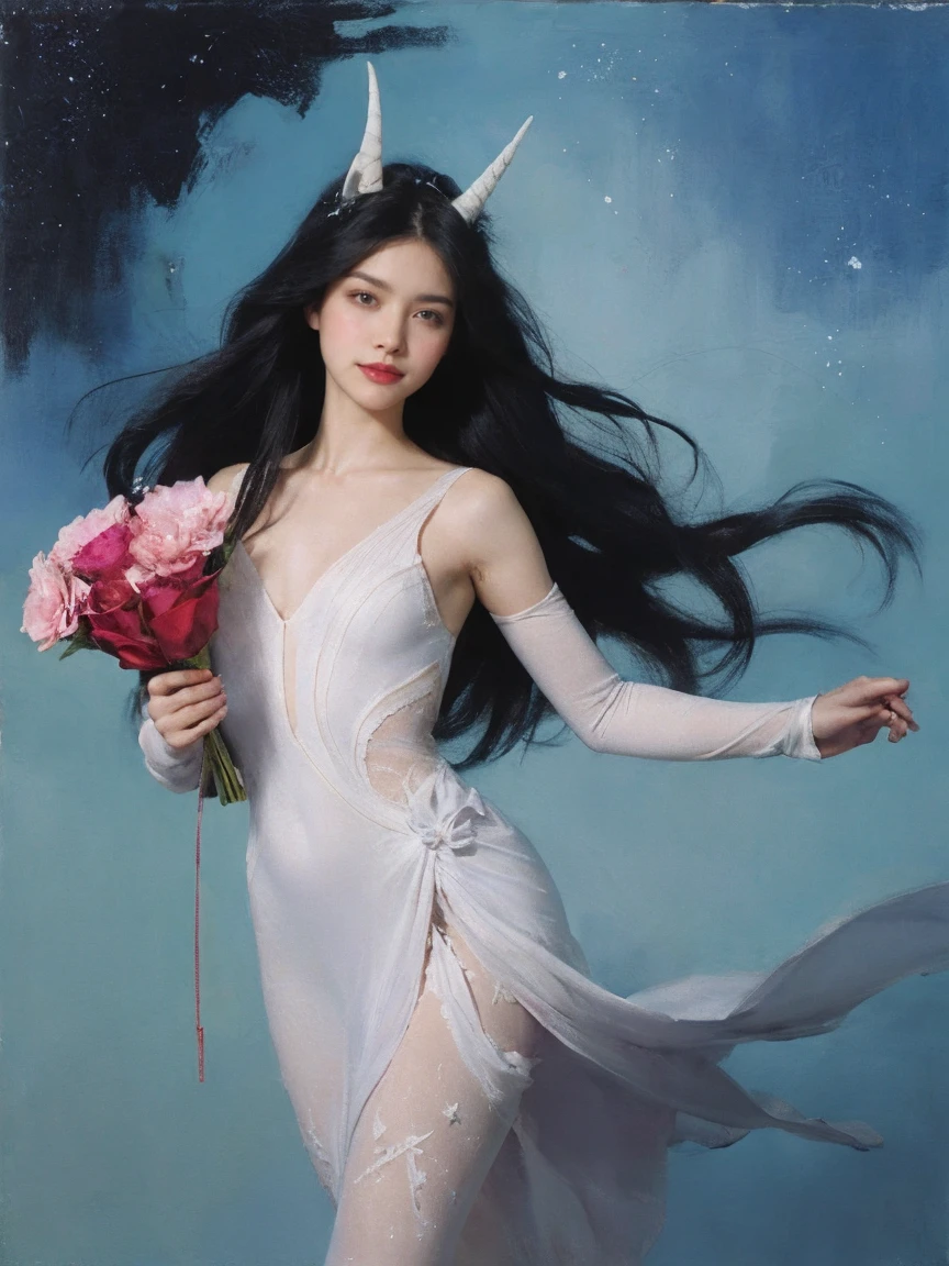 portrait,1fille,,solo,Robe blanche,tenant un bouquet,cheveux très longs,fleur bleue,cheveux noirs,rose rouge,Fond dégradé, fond sombre, teinture,peinture à l&#39;huile,impasto The painting is supposed to capture étoile Butterfly in an iconic moment that represents her adventurous spirit, ta force magique et ta personnalité vibrante. Le décor doit être un environnement qui reflète le mélange de royaumes magiques et d&#39;aventures interdimensionnelles., caractéristique de la série. étoile Butterfly: étoile must be in the center of the composition, dans une pose dynamique et confiante. Elle est vêtue de son costume classique: une robe vert menthe, leggings colorés, et ses iconiques bottines licorne. Ses cornes de diable sur la tête et sa baguette magique dans une main sont indispensables pour identifier le personnage.. Expressions et postures: étoile&#39;L&#39;expression doit être joyeuse et déterminée., avec un grand sourire sur le visage et des yeux brillants d&#39;enthousiasme. Votre position peut être celle de l&#39;action, comme si on se préparait à lancer un sort ou à mener une aventure. baguette magique: étoile&#39;La baguette magique doit être représentée en détail, avec ses ailes de papillon emblématiques et son design en étoile. Elle doit émettre une aura lumineuse de magie, avec des étincelles et des vagues d&#39;énergie tout autour, suggérant qu&#39;il est prêt à l&#39;emploi. Scénario: Le décor devrait être une fusion entre le royaume magique de Mewni et l&#39;environnement terrestre d&#39;Echo Creek.. Cela peut inclure des éléments comme des châteaux flottants, portails dimensionnels, et des paysages fantastiques combinés avec des éléments du quotidien, comme les lampadaires et les bâtiments scolaires. éléments magiques: Inclure des créatures magiques, comme des poneys volants, des monstres amicaux et des plantes exotiques qui fleurissent dans des couleurs vives, to bring étoile&#39;le monde magique de la vie. cadre Diaz: étoile&#39;le meilleur ami, cadre, peut être inclus dans la scène, peut-être en arrière-plan ou à côté, portant son manteau rouge traditionnel. Votre présence devrait suggérer du soutien et de la camaraderie.