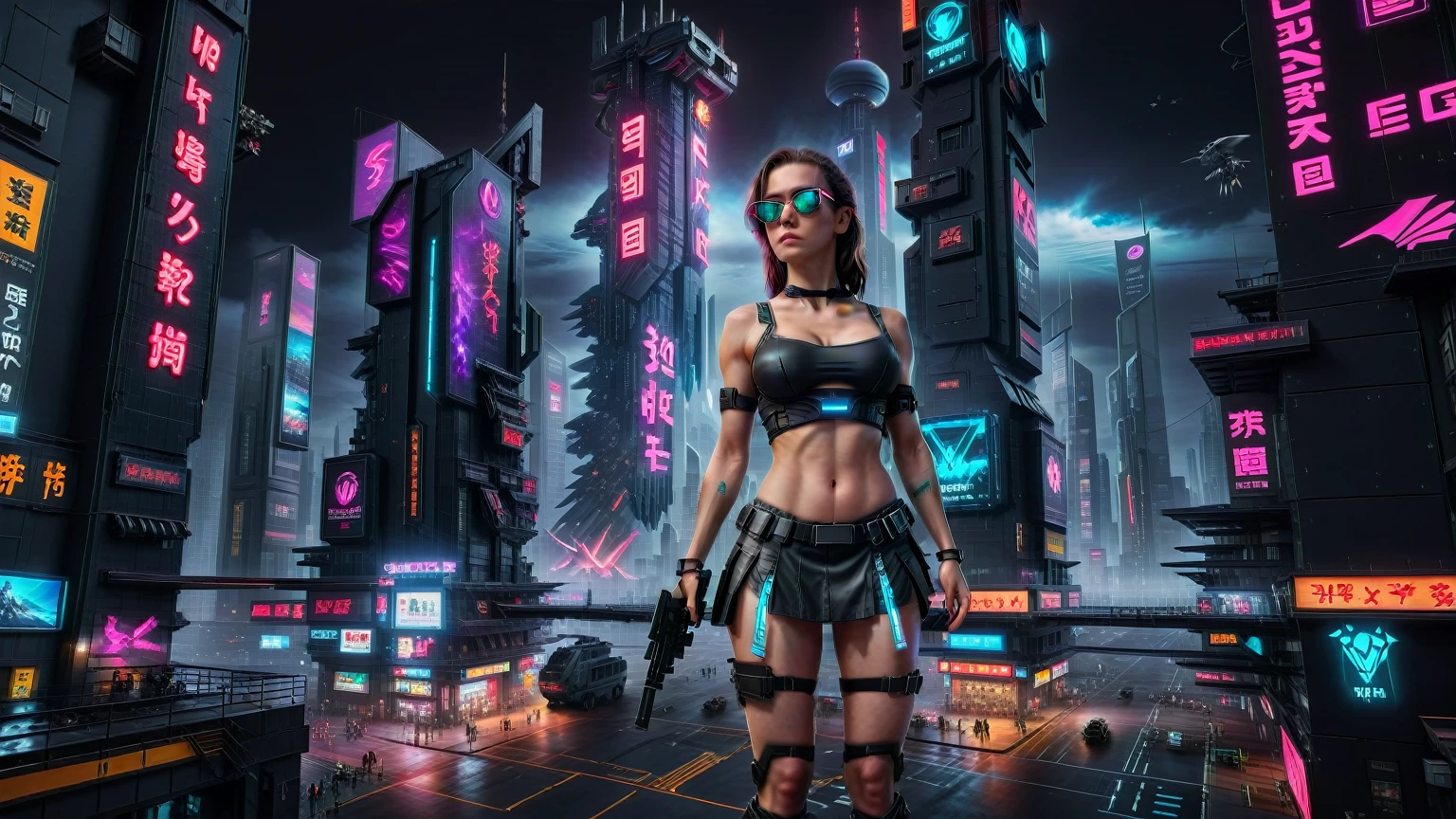 (((aerial view))) image of a cyberpunk cityscape, (((all-glass))) towering skyscrapers, a lot of neon lights and holographic billboards, futuristic, high-tech elements, 1drone. In the foreground, a woman, mechanical joints. at night, (((1girl, solo, alone))), photo realistic, (medium-breast slim body, cleavage), (((tank top, extreamly short pleated (((miniskirt))) exposing panty))), (((((black sunglasses))))), (((((aiming at camera with a (short gun), (looking at camera)))))), (((dynamic pose))), (((((half-body (thigh level) medium shot))))), (cinematic lighting).