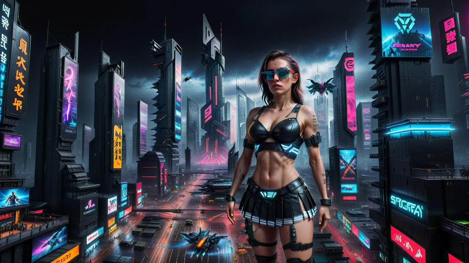 (((aerial view))) image of a cyberpunk cityscape, (((all-glass))) towering skyscrapers, a lot of neon lights and holographic billboards, futuristic, high-tech elements, 1drone. In the foreground, a woman, mechanical joints. at night, (((1girl, solo, alone))), photo realistic, (medium-breast slim body, cleavage), (((tank top, extreamly short pleated (((miniskirt))) exposing panty))), (((((black sunglasses))))), (((((aiming at camera with a (short gun), (looking at camera)))))), (((dynamic pose))), (((((half-body (thigh level) medium shot))))), (cinematic lighting).