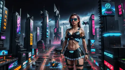 (((aerial view))) image of a cyberpunk cityscape, (((all-glass))) towering skyscrapers, a lot of neon lights and holographic bil...