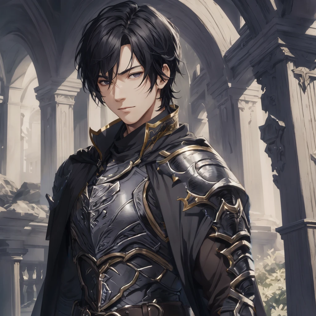 masterpiece, best quality, 1man, adult, male focus, solo, medium hair, black hair,, looking at viewer, cape, High quality metal texture, overcoat, closed mouth, upper body, bangs, high collar,(kbxll:0.6), Fantasy aesthetics, Highly detailed, shadowverse style, armored gloves, metallic gloves, black armor