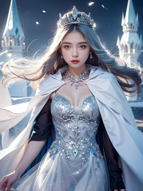 one girl, ice wand, white cape, ice crystals, winter, frozen, ice castle, transparency,  ice tiara. silver hair, queen
, cowboy ...