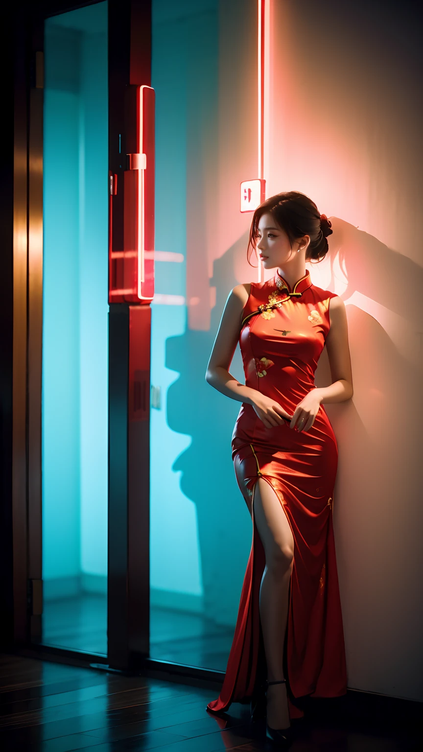 Best quality，masterpiece，16K，A girl，Wearing red cheongsam，Leaning against the wall，Film quality，Mobile phone clamp this cigarette，smoke，Neon，High light-dark contrast，night