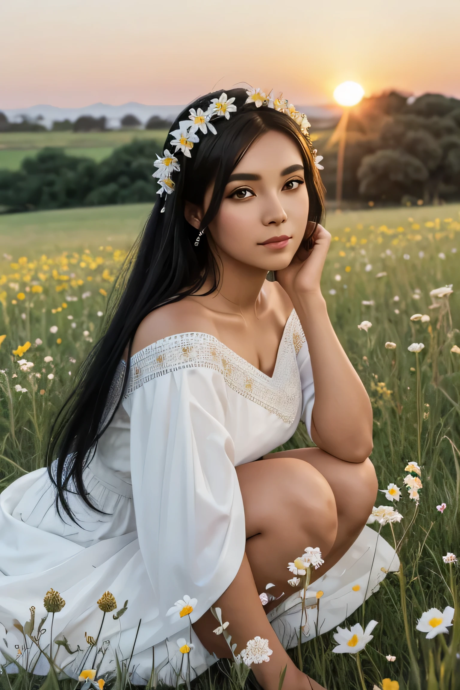 woman, black hair adorned with flowers, white cloth dress, among the grass, surrounded by white rabbits, looking at the camera, looking at the viewer, sunset background