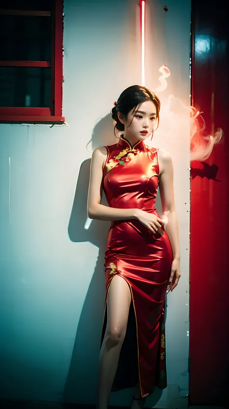 best quality，masterpiece，16k，a girl，wearing red cheongsam，leaning against the wall，film quality，background is，smoking，smoke，neon...