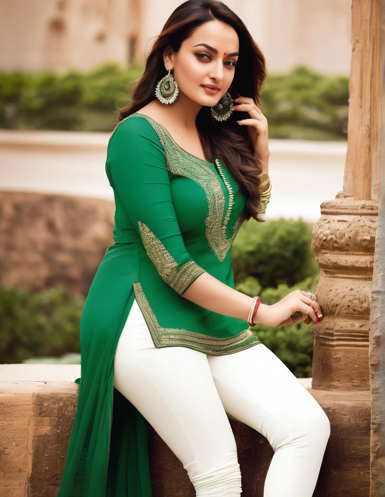 Sonakshi sinha hot green salwar kurti white tight leggings outdoor ass  thighs po - SeaArt AI