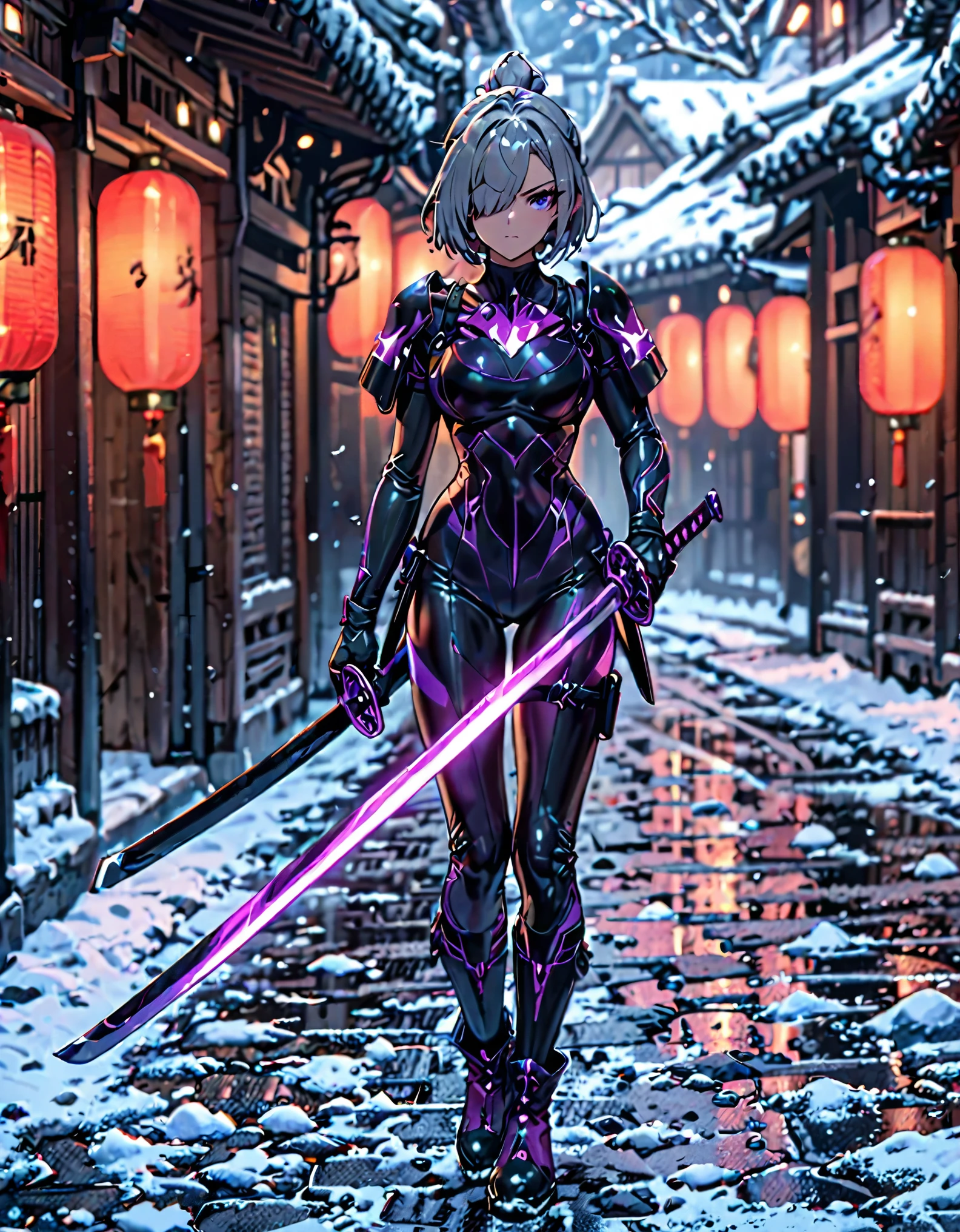 masterpiece, highly detailed, best quality, high quality, 1girl, (solo, solo focus), purple eyes, beautiful detailed eyes, beautiful detailed face, perfect hands, complete fingers, perfect anatomy, perfect proportions, (short hair, bob hair, ponytail hair, grey hair), (hair over one eye:1.3), ((holding weapon, two katana swords)), detailed shadows, detailed light, (black skintight bodysuit, (black leotard), shoulder holster), (full black pantyhose, skintight black leggings), matching boots, full body, serious, cowboy shot, snowy alleyway backdrop. full body costume design.